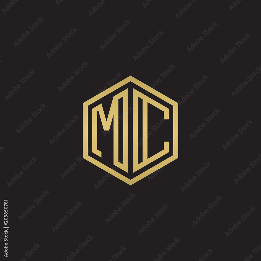 Initial letter MC, minimalist line art hexagon shape logo, gold color on black background Initial letter MC, minimalist line art hexagon shape logo, gold color on black background