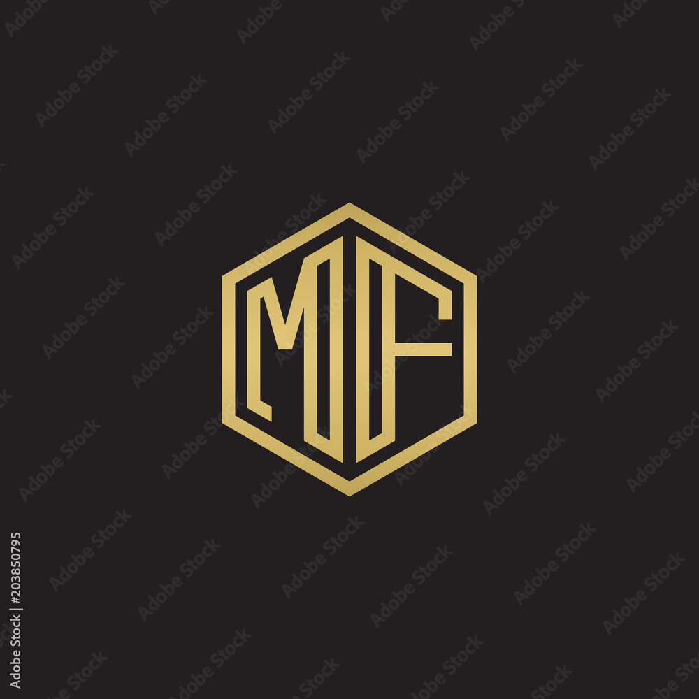 Initial letter MF, minimalist line art hexagon shape logo, gold color on black background Initial letter MF, minimalist line art hexagon shape logo, gold color on black background