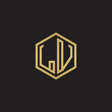 Initial letter , , minimalist line art hexagon shape logo, gold color on black background
