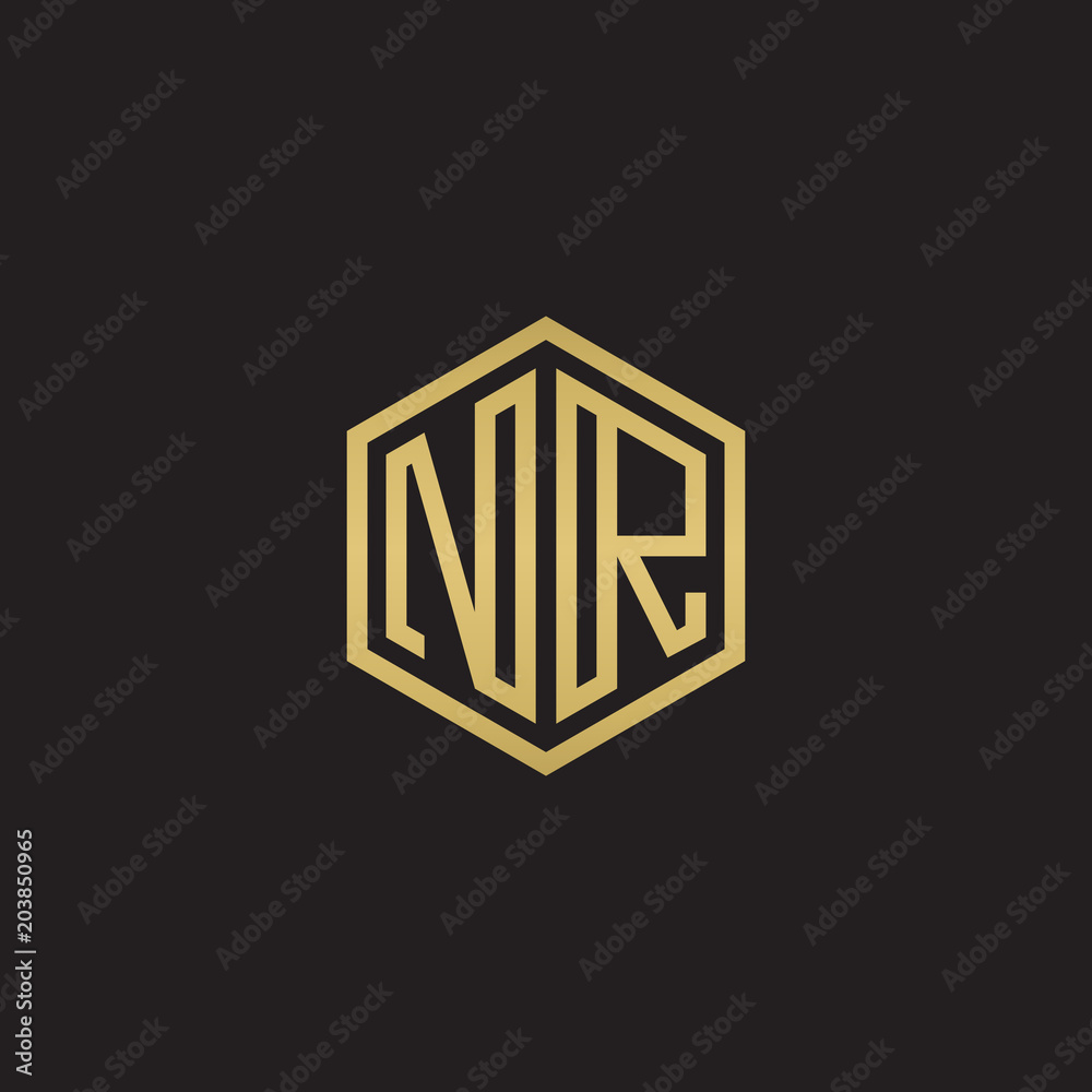 Initial letter NR, minimalist line art hexagon shape logo, gold color on black background Initial letter NR, minimalist line art hexagon shape logo, gold color on black background