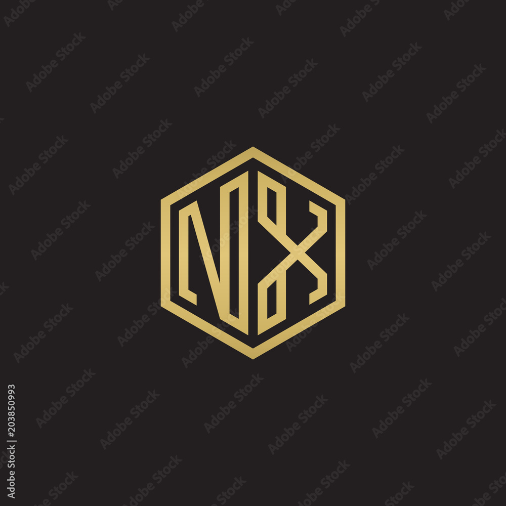 Initial letter NX, minimalist line art hexagon shape logo, gold color on black background Initial letter NX, minimalist line art hexagon shape logo, gold color on black background