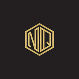 Initial letter NQ, minimalist line art hexagon shape logo, gold color on black background