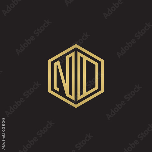 Initial letter ND, NO, minimalist line art hexagon shape logo, gold color on black background