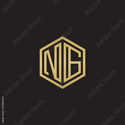 Initial letter NG, minimalist line art hexagon shape logo, gold color on black background