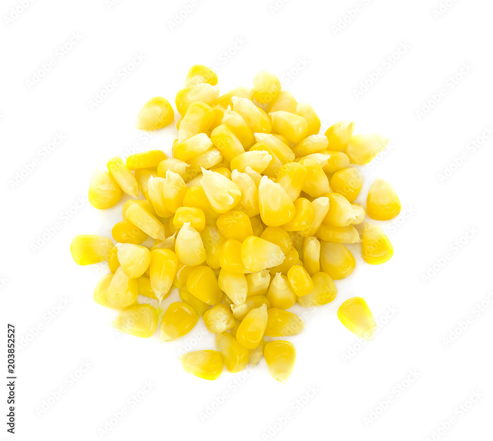 Sweet whole kernel corn on white background. Sweet whole kernel corn on white background.