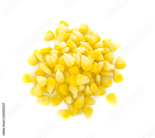 Sweet whole kernel corn on white background.