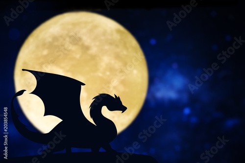 Dragon silhouette over a full moon
