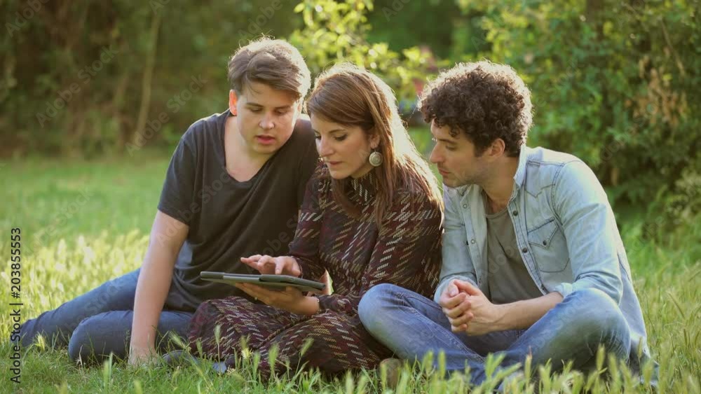 happy and relaxing  friends using tablet sitting on meadow in a park