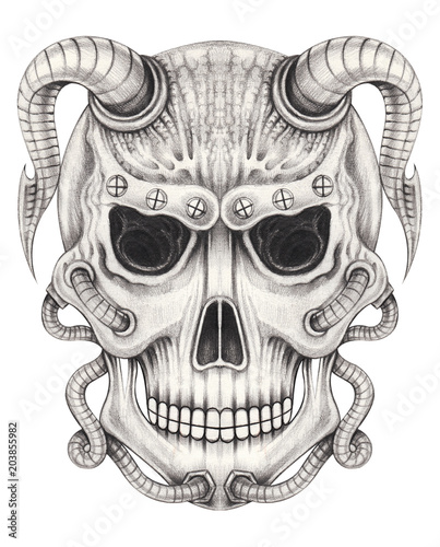Art Biomechanical Skull Tattoo. Hand pencil drawing on paper. Stock  Illustration | Adobe Stock