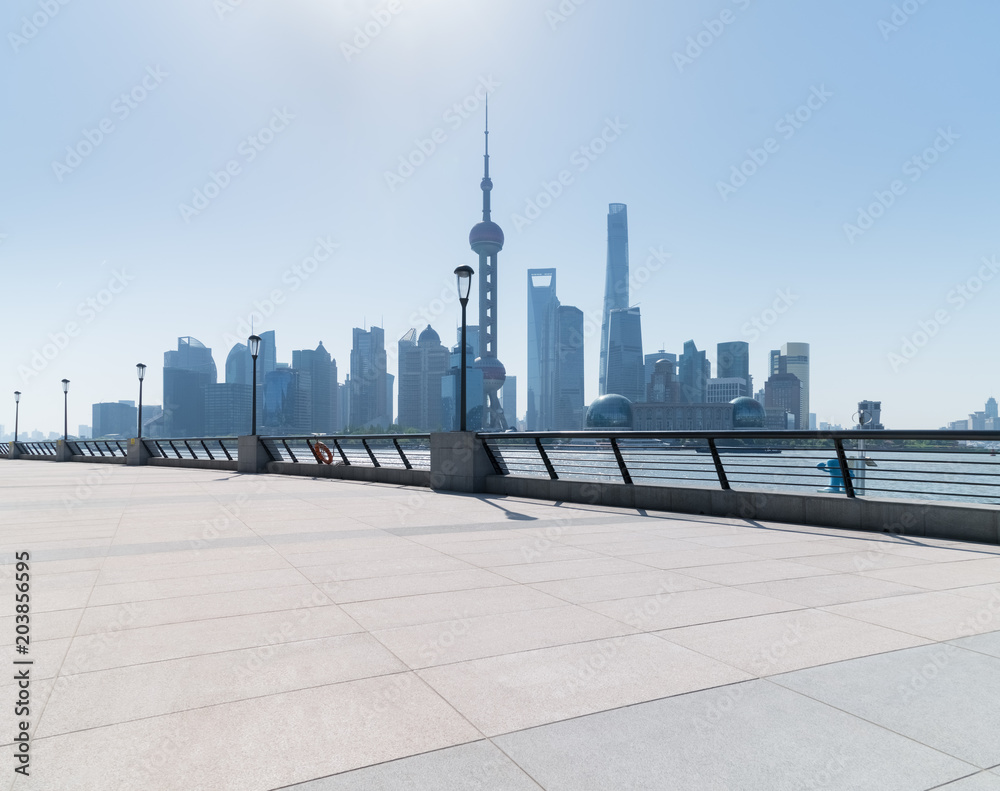 empty floor with shanghai cityscape