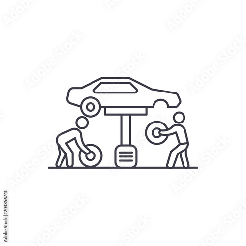 tires replacement vector line icon, sign, illustration on white background, editable strokes