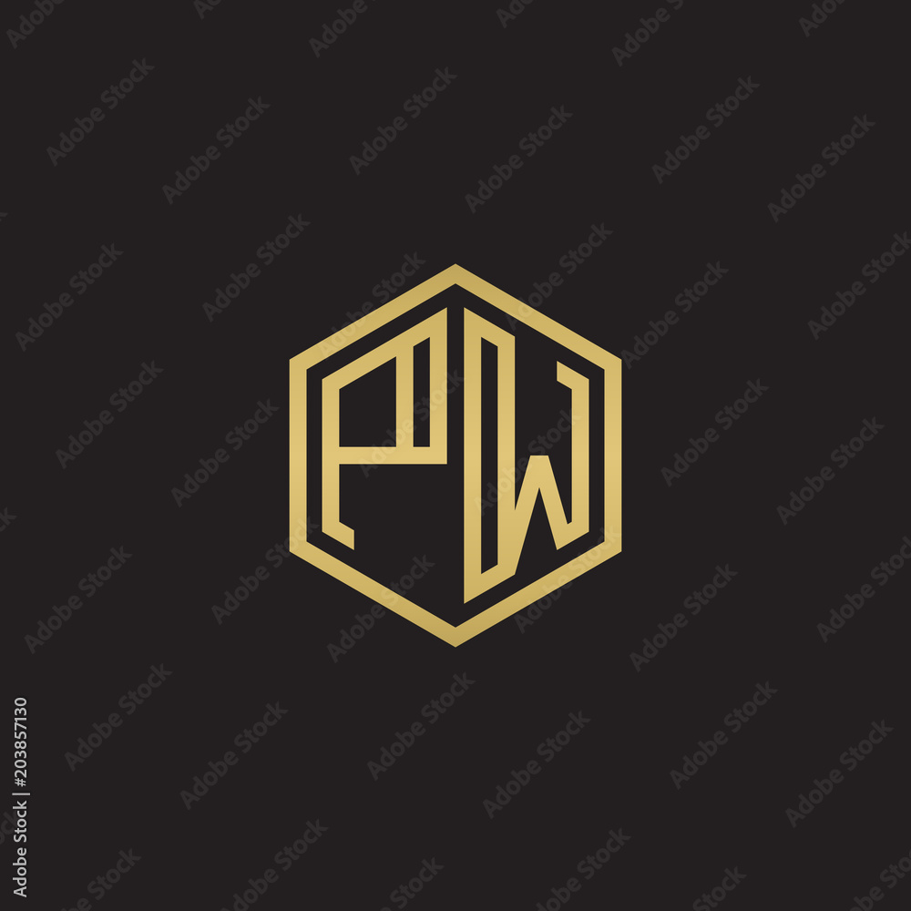Initial letter PW, minimalist line art hexagon shape logo, gold color on black background Initial letter PW, minimalist line art hexagon shape logo, gold color on black background