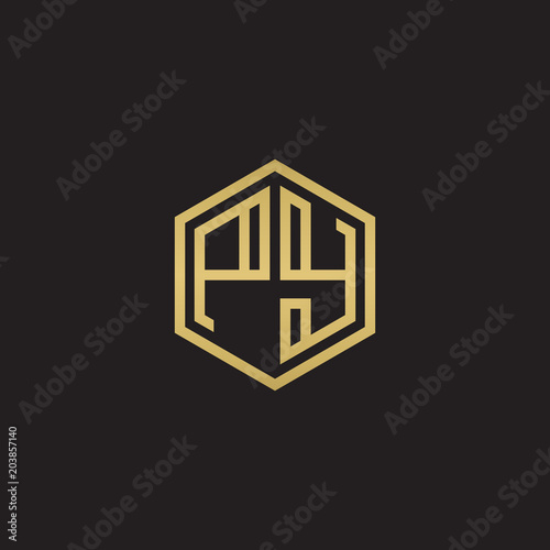 Initial letter PY, minimalist line art hexagon shape logo, gold color on black background