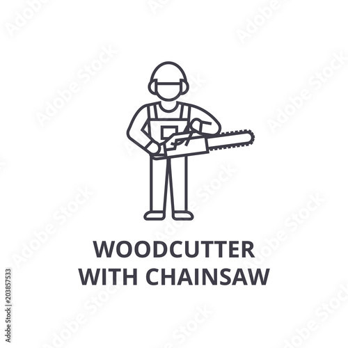 woodcutter with chainsaw vector line icon, sign, illustration on white background, editable strokes