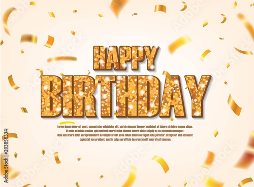 Happy Birthday with Gold conffeti Vector Design. Scattered Conffeti on White Background photo