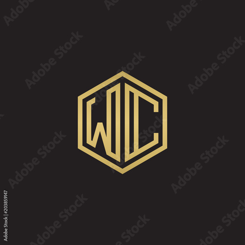 Initial letter WC, minimalist line art hexagon shape logo, gold color on black background