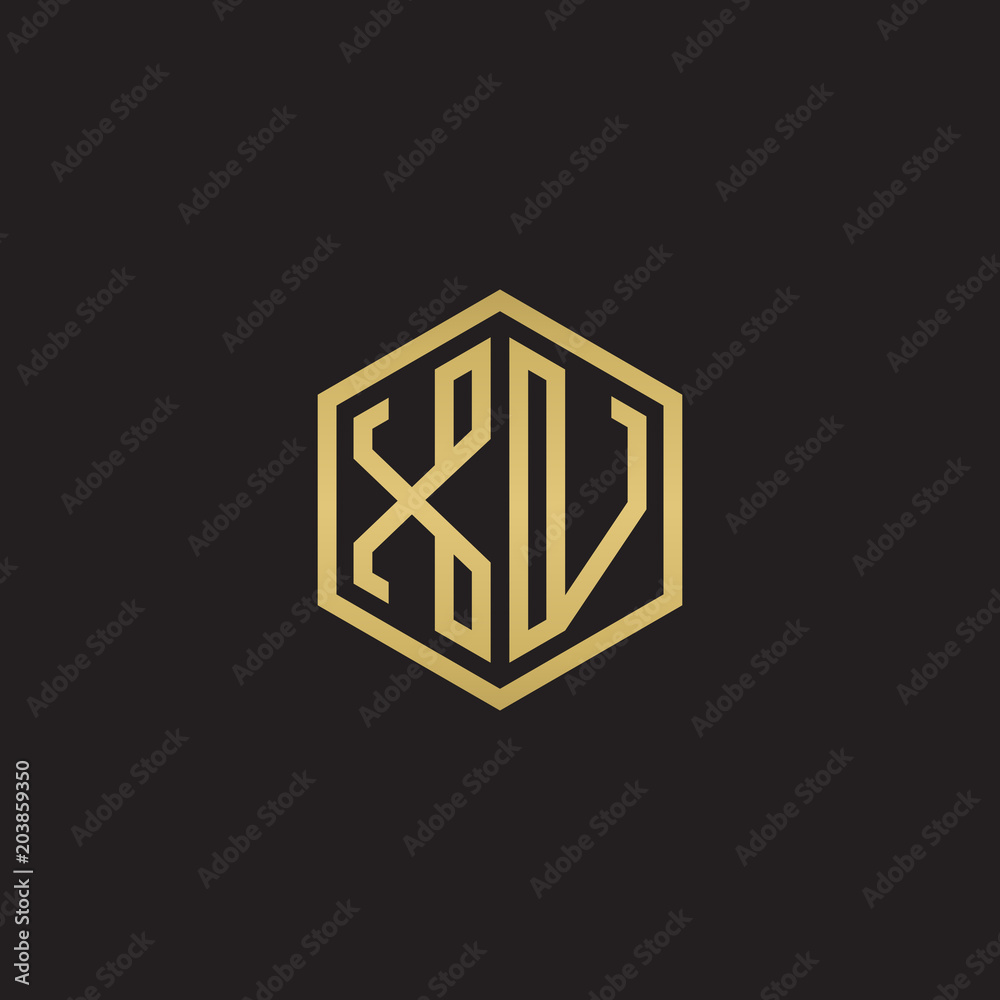 Initial letter XV, minimalist line art hexagon shape logo, gold color on black background Initial letter XV, minimalist line art hexagon shape logo, gold color on black background