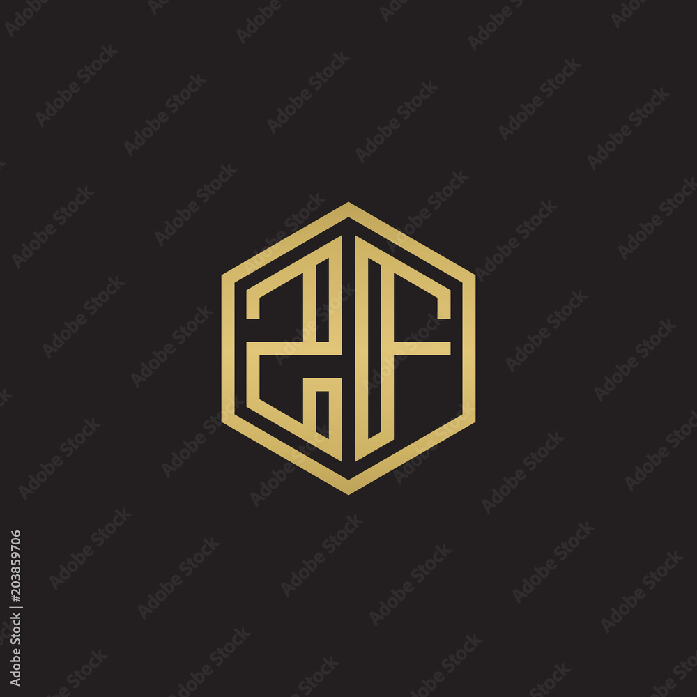 Initial letter ZF, minimalist line art hexagon shape logo, gold color on black background Initial letter ZF, minimalist line art hexagon shape logo, gold color on black background