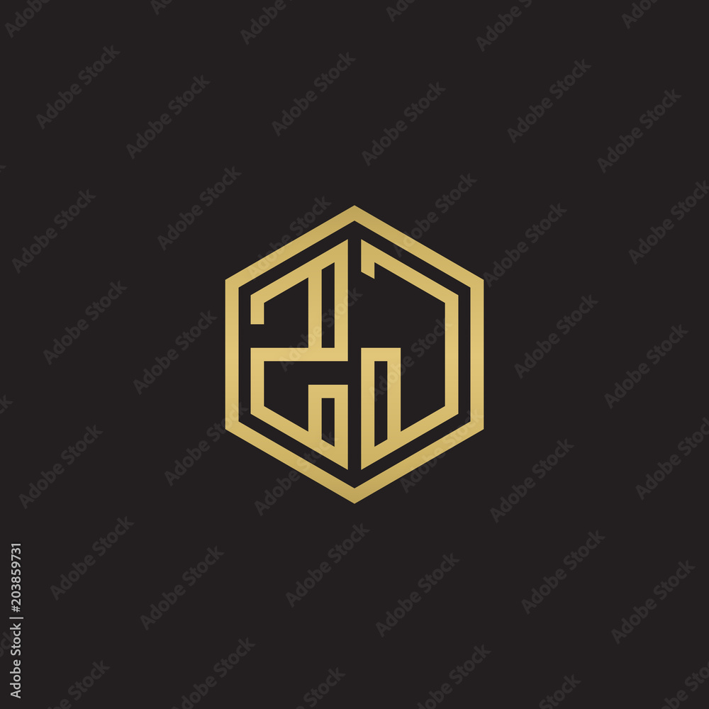 Initial letter ZJ, minimalist line art hexagon shape logo, gold color on black background Initial letter ZJ, minimalist line art hexagon shape logo, gold color on black background