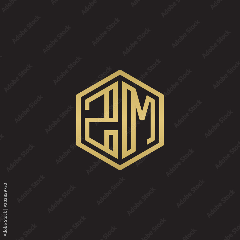 Initial letter ZM, minimalist line art hexagon shape logo, gold color on black background Initial letter ZM, minimalist line art hexagon shape logo, gold color on black background