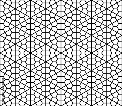 Seamless geometric pattern in style Kumiko.Black and white silhouette lines with a thin thickness.