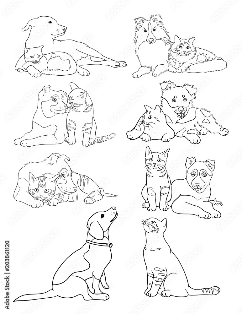 Cat and dog line art. Vector, illustration. Good use for symbol, logo, web icon, mascot, sign, coloring book, or any design you want. Cat and dog line art. Vector, illustration. Good use for symbol, logo, web icon, mascot, sign, coloring book, or any design you want.