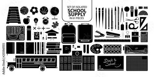 Set of isolated silhouette school supply.