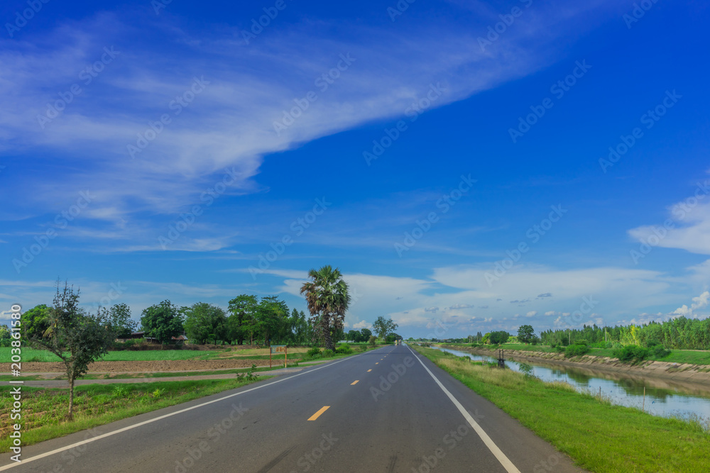 The scenery in the evening of beautiful road to Kanchanaburi, Th