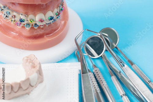 orthodontic model and dentist tool - demonstration teeth model of varities of orthodontic bracket or brace