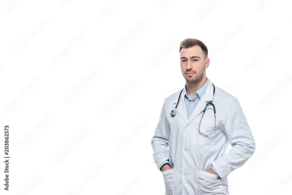 young male doctor with stethoscope isolated on white background