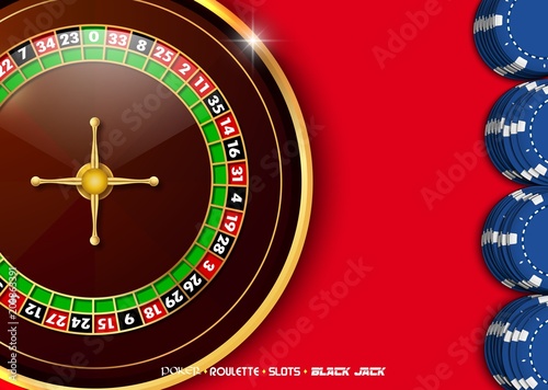 Casino roulette wheel with casino chips on red casino table