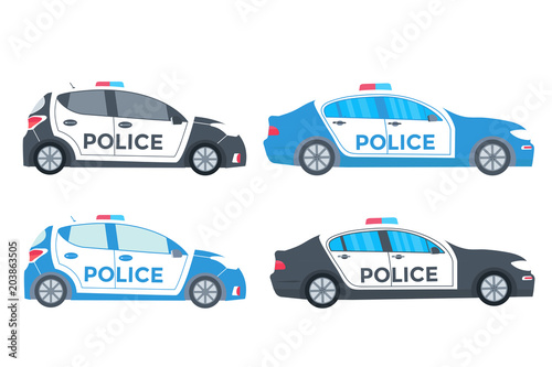 Police patrol on a road with police car.