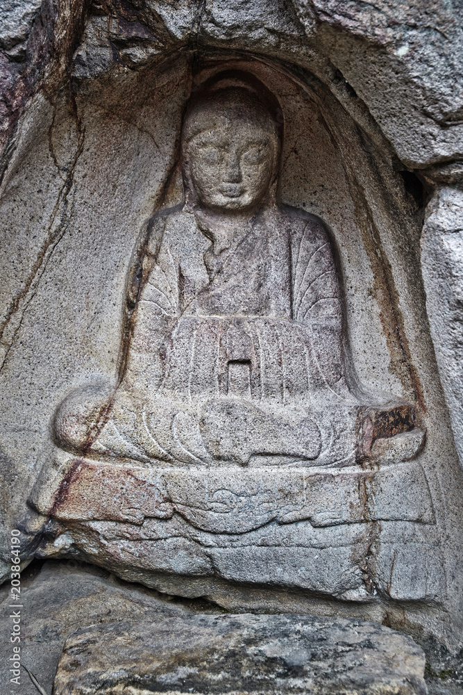 A statue of Buddha in Bulgok, Namsan Mountain, Gyeongju, Korea.