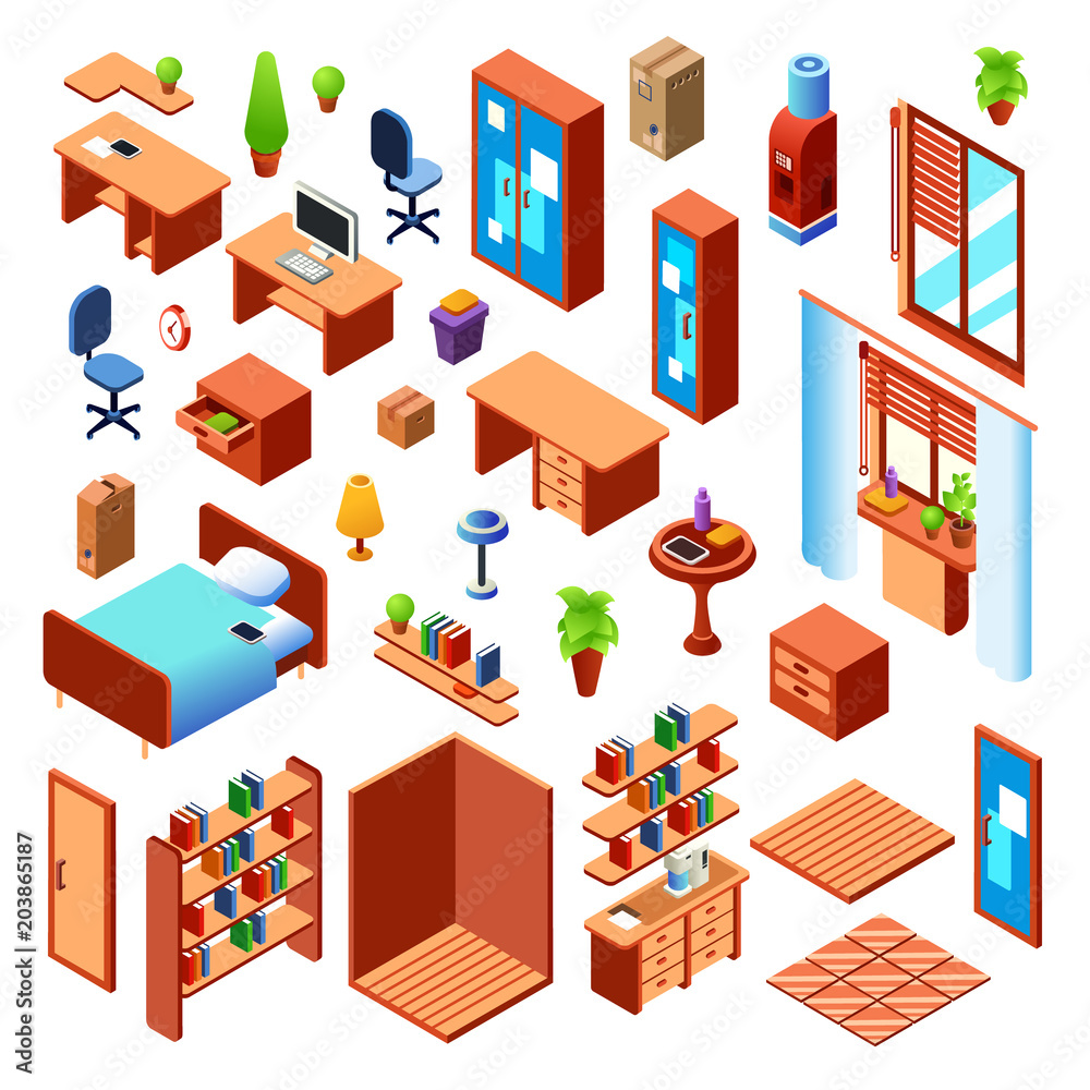 Vector isometric set to create domestic living room, bedroom or working interior, furniture objects collection.