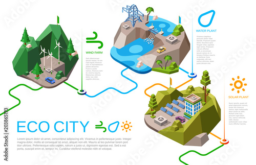 Eco city vector illustration isometric natural energy sources for urban life. Cartoon city landscape with renewable energy supply from nature, solar battery panels, wind and water hydroelectric power