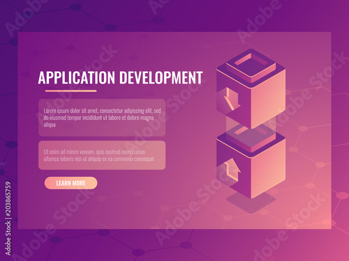 Concept of constructing and development application, isometric vector blocks constructor, connection of two parts