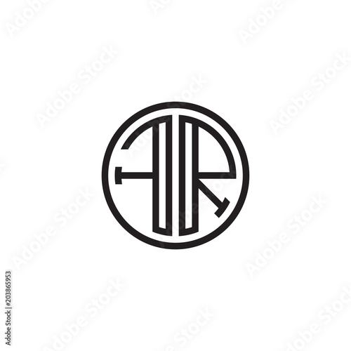 Initial letter FR, minimalist line art monogram circle shape logo, black color