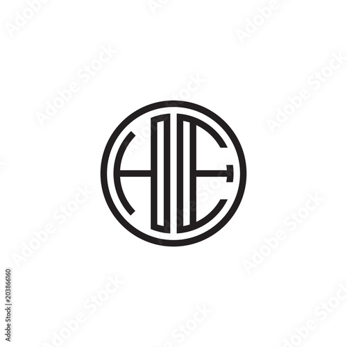 Initial letter HE, minimalist line art monogram circle shape logo, black color