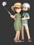 3d render of a couple taking a selfie on a vacation;
