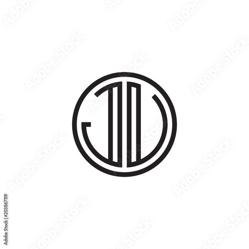 Initial letter JU, JV, minimalist line art monogram circle shape logo, black color
