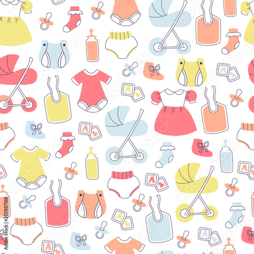 Hand Drawn Seamless Baby Pattern with Toys, Clothes, Stroller and etc.