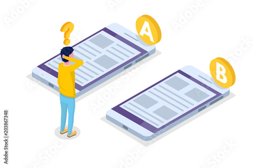 A-B comparison. Split testing isometric concept. Vector illustration.