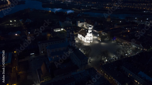 aerial view of old town of city at night