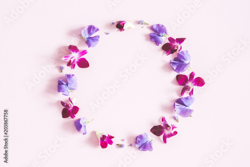 Flowers composition. Wreath made of colorful orhid flowers on pastel pink background. Flat lay, top view, copy space