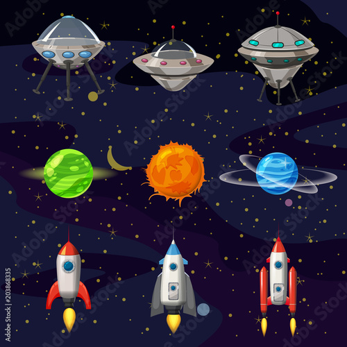 Space cartoon icons set. Planets, rockets, ufo elements on cosmic background, vector, isolated, cartoon style