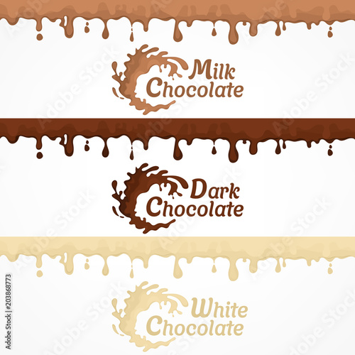 Set of chocolate blots and splash label, dripping flows hot