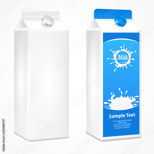 Milk packages, cardboard packaging with splash text. Packing.