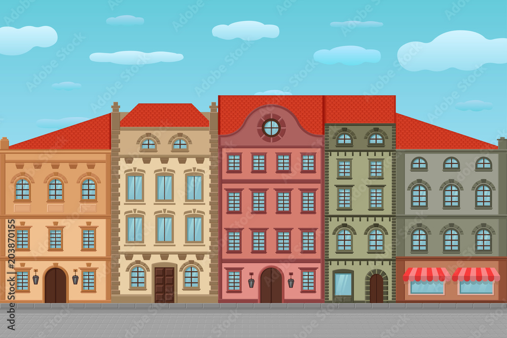 Houses. Old european city street with colored buildings and blue sky. Flat style