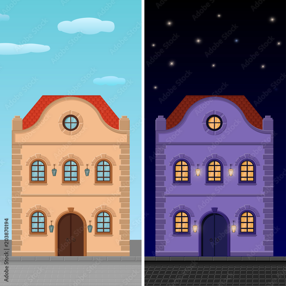 House. Flat style old european building. Colored drawing, day and night