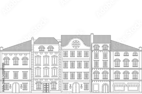 Old european houses. Flat outline drawing
